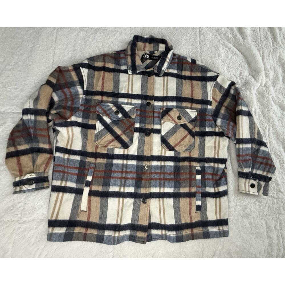 Zara Plaid Long Sleeve Shacket Wool Blend Button Up Women's Size Large